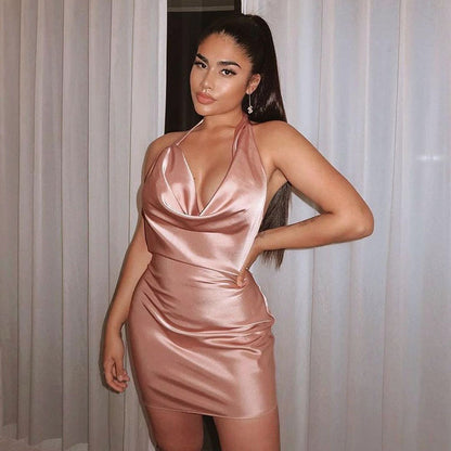 Satin V-Neck Backless Mini Dress