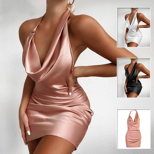 Satin V-Neck Backless Mini Dress