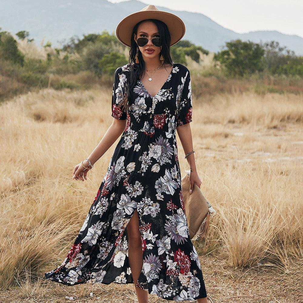 Floral V-Neck Summer Beach Dress