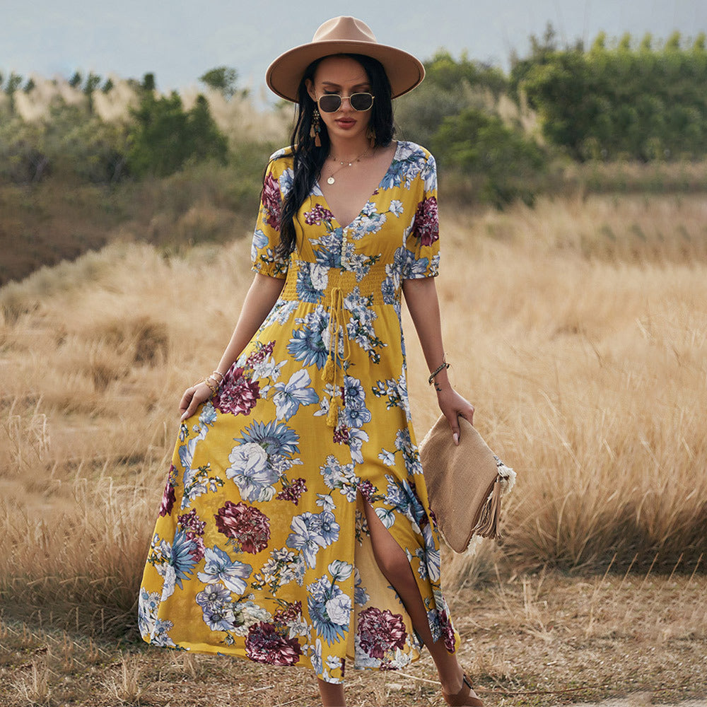 Floral V-Neck Summer Beach Dress